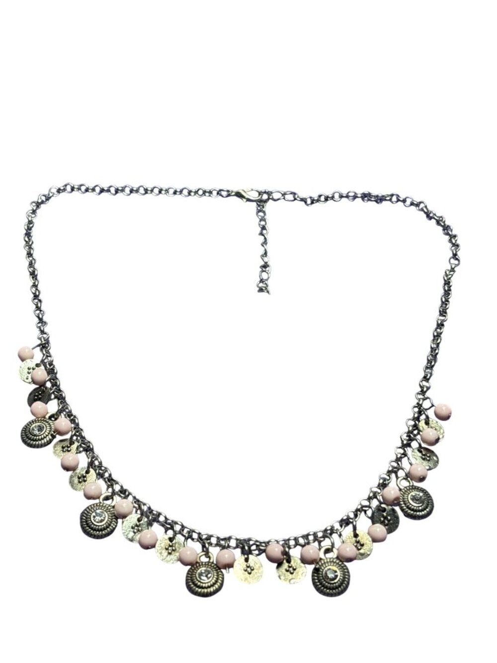 Silvertone Pink Beaded Charm Fringe Necklace Clear Rhinestones